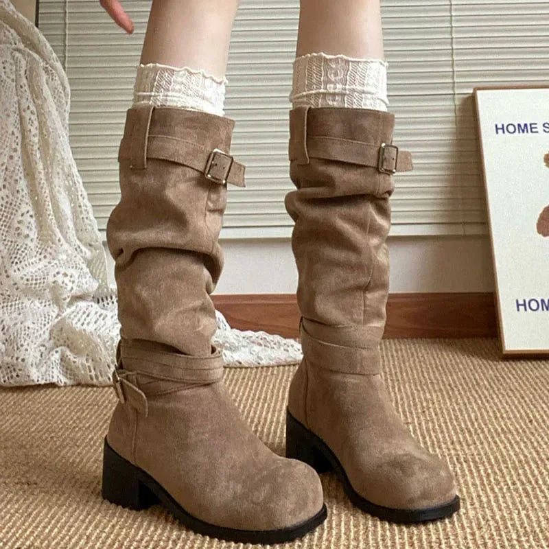 Folded Pile Western Platform Boots for Women