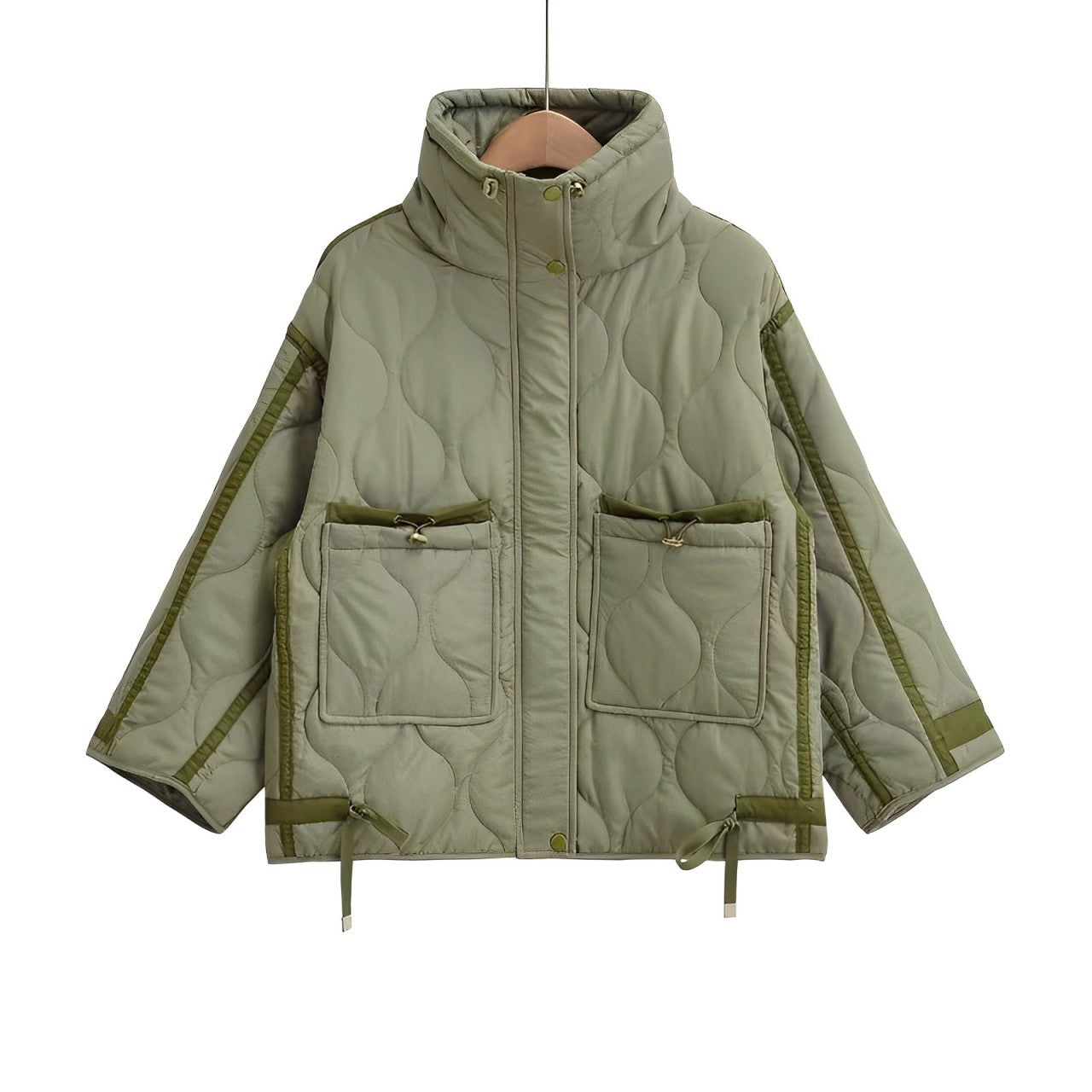 Women’s Cotton Hip-Length Jacket with Stand Collar and Drawstring