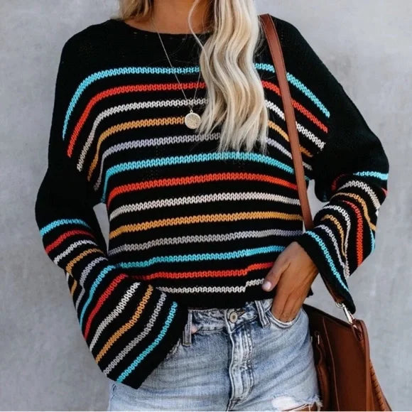 Cozy Striped V-Neck Knit Sweater
