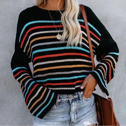 Cozy Striped V-Neck Knit Sweater