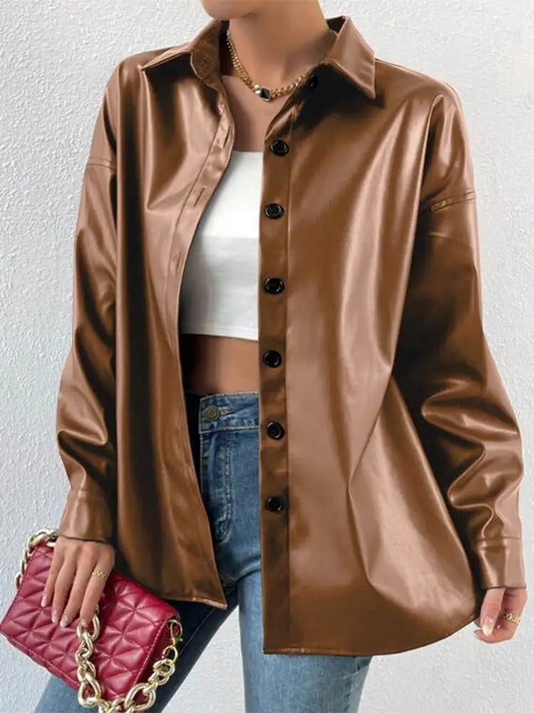 Vintage Leather Bomber Jacket with Lapel and Button Closure