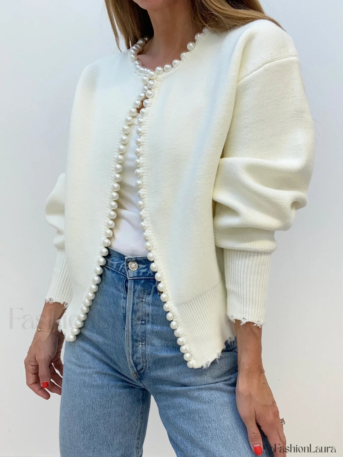 Pearl Trim Ripped Hem Knit Cardigan