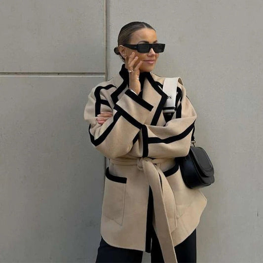 Chic Wrap Waist Belt Blazer with Contrast Details for Women