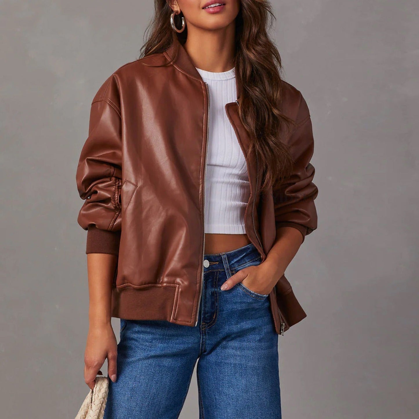 Classic Leather Zip Bomber Jacket for Women