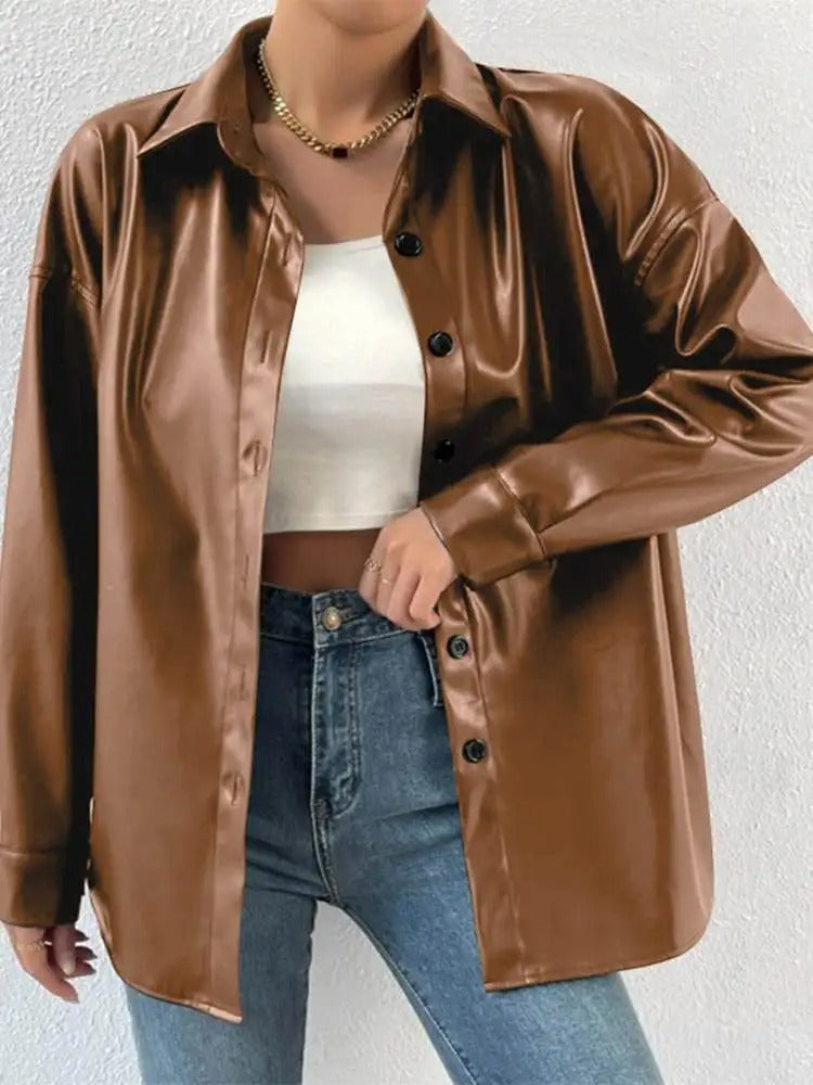 Vintage Leather Bomber Jacket with Lapel and Button Closure