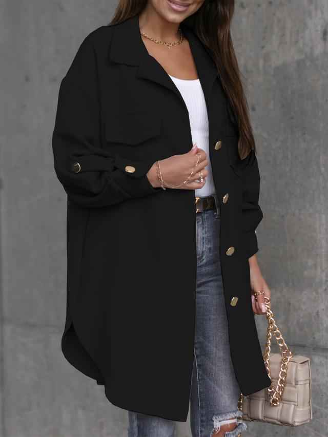 Cozy Long Buttoned Shirt Jacket with Wool Collar and Lapels
