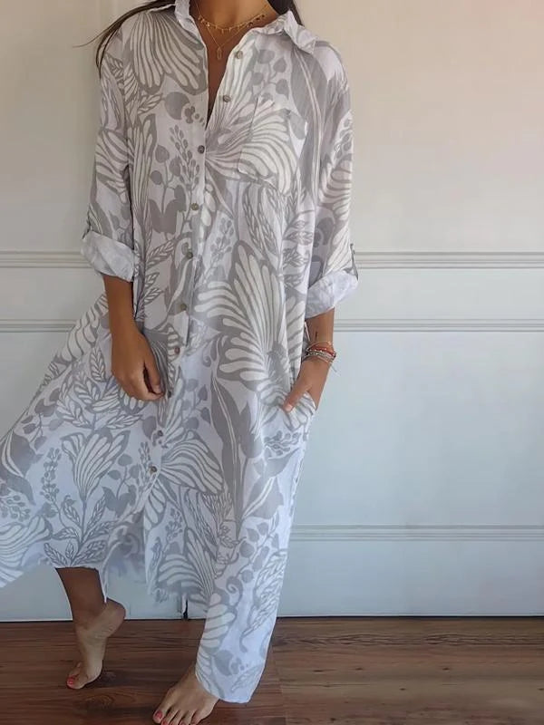 Loose Printed Lapel Dress for Effortless Style