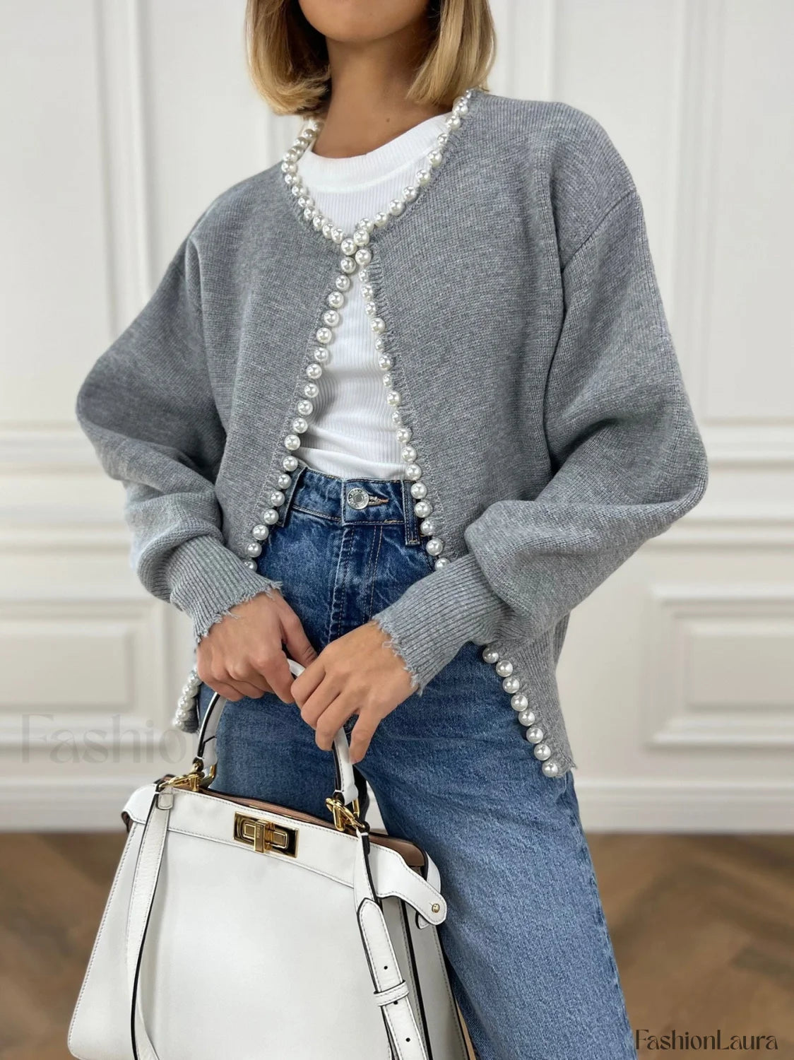 Pearl Trim Ripped Hem Knit Cardigan
