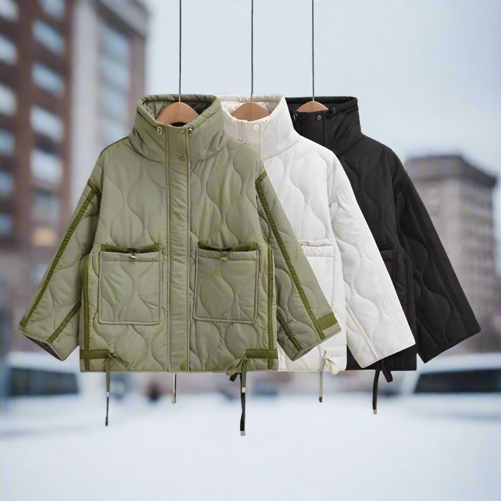 Women’s Cotton Hip-Length Jacket with Stand Collar and Drawstring