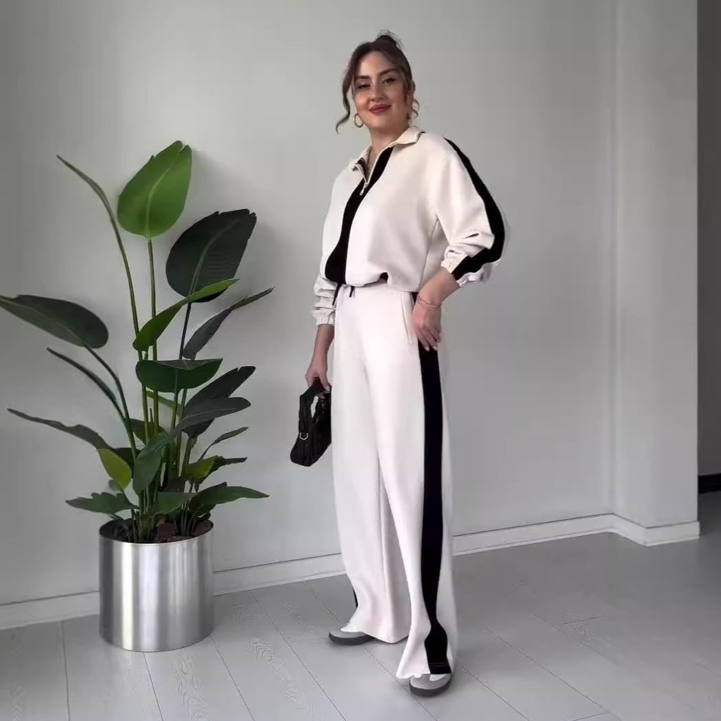 Chic Zipper Lapel Top and Pants 2-Piece Set