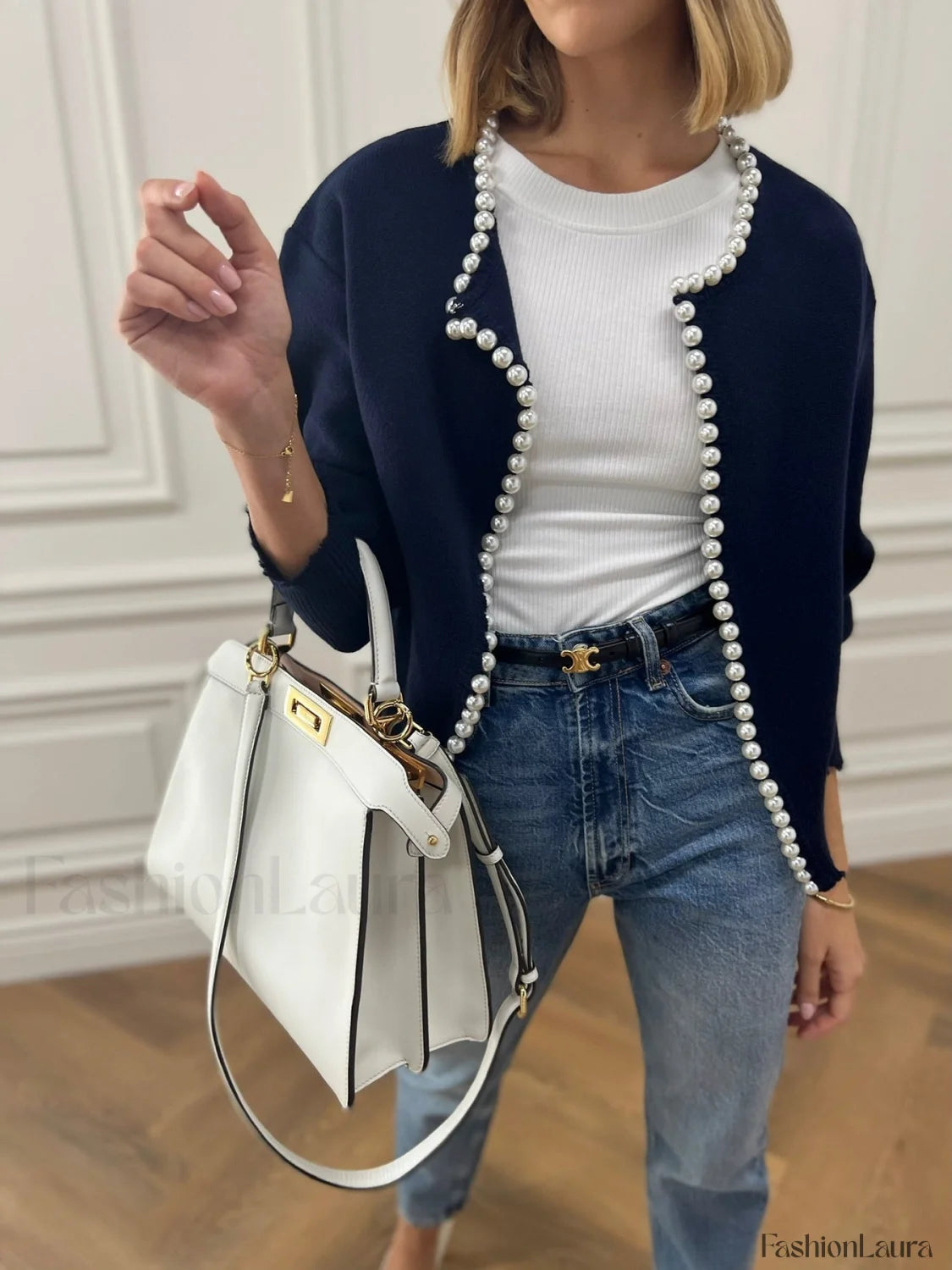 Pearl Trim Ripped Hem Knit Cardigan