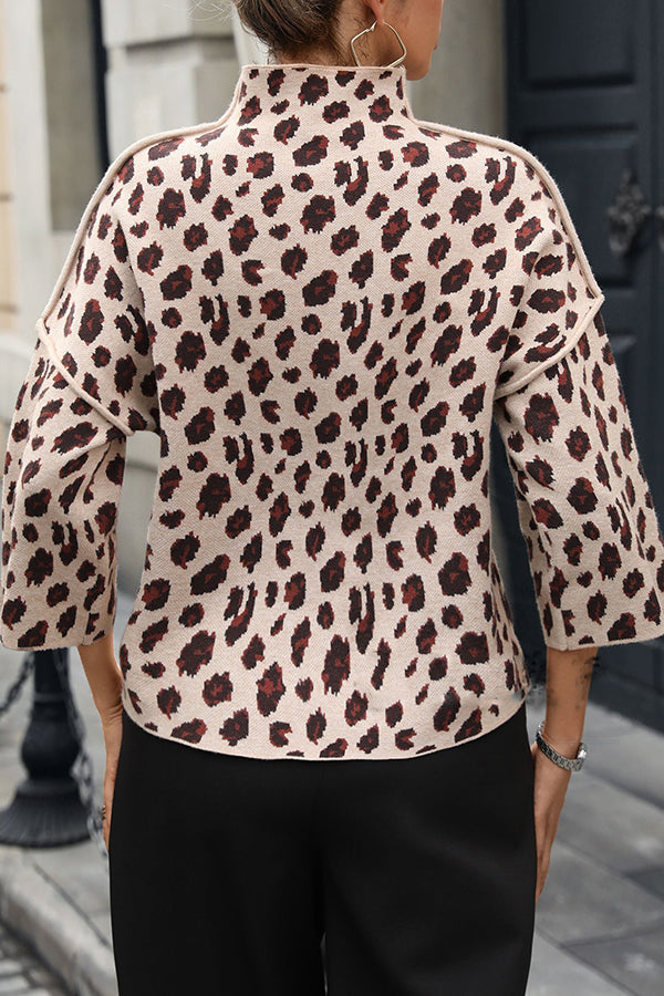 Cozy Leopard Print Knit Sweater with Loose Turtleneck
