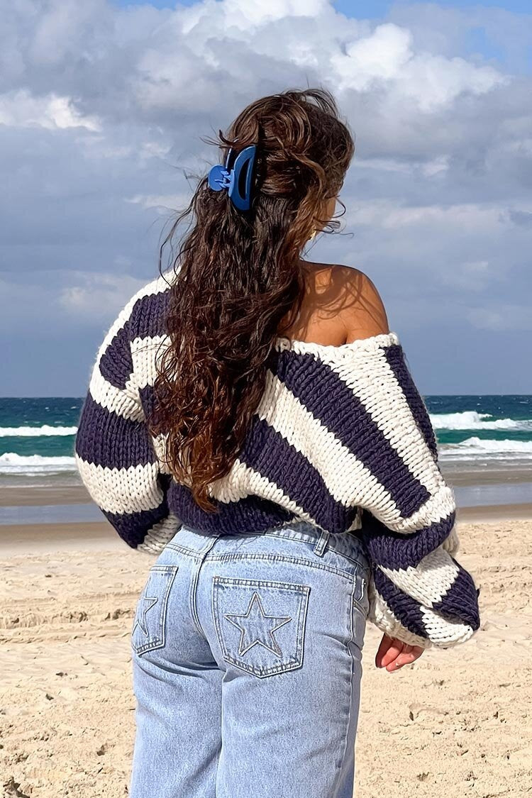 Cozy Off-Shoulder Striped Knit Sweater