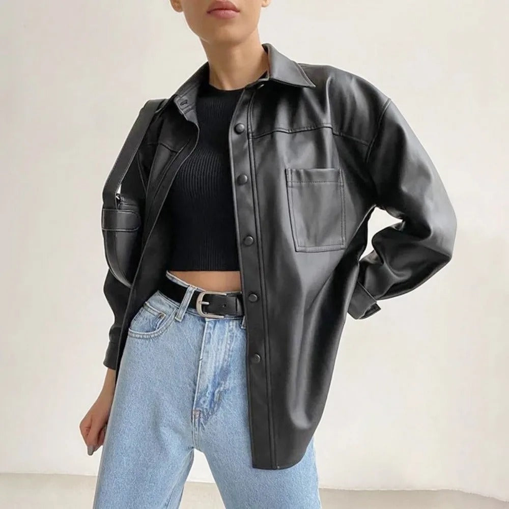 Vintage Leather Bomber Jacket with Lapel and Button Closure