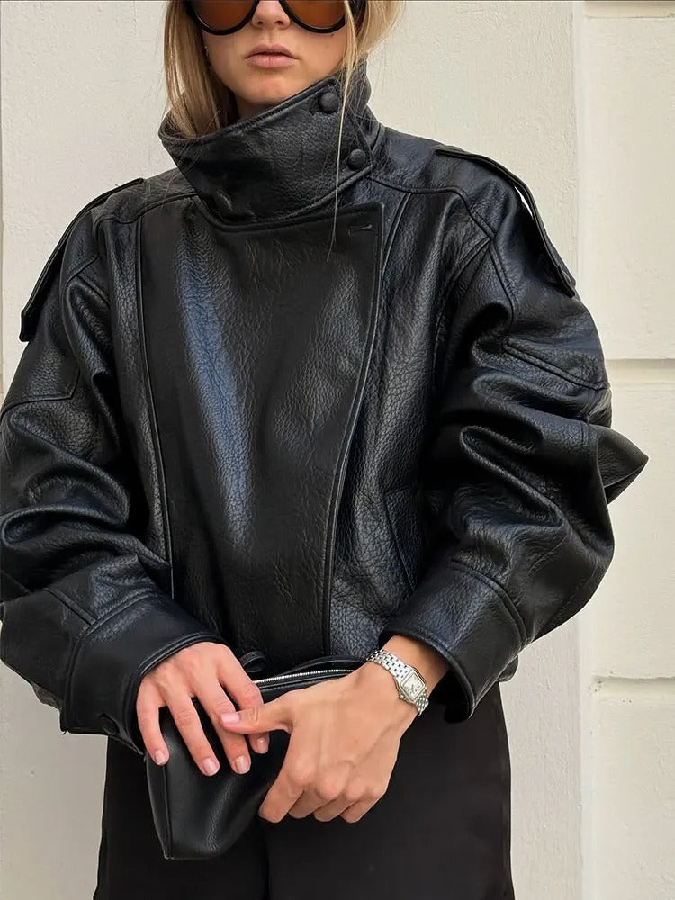 Women’s Asymmetric Stand Collar Leather Jacket