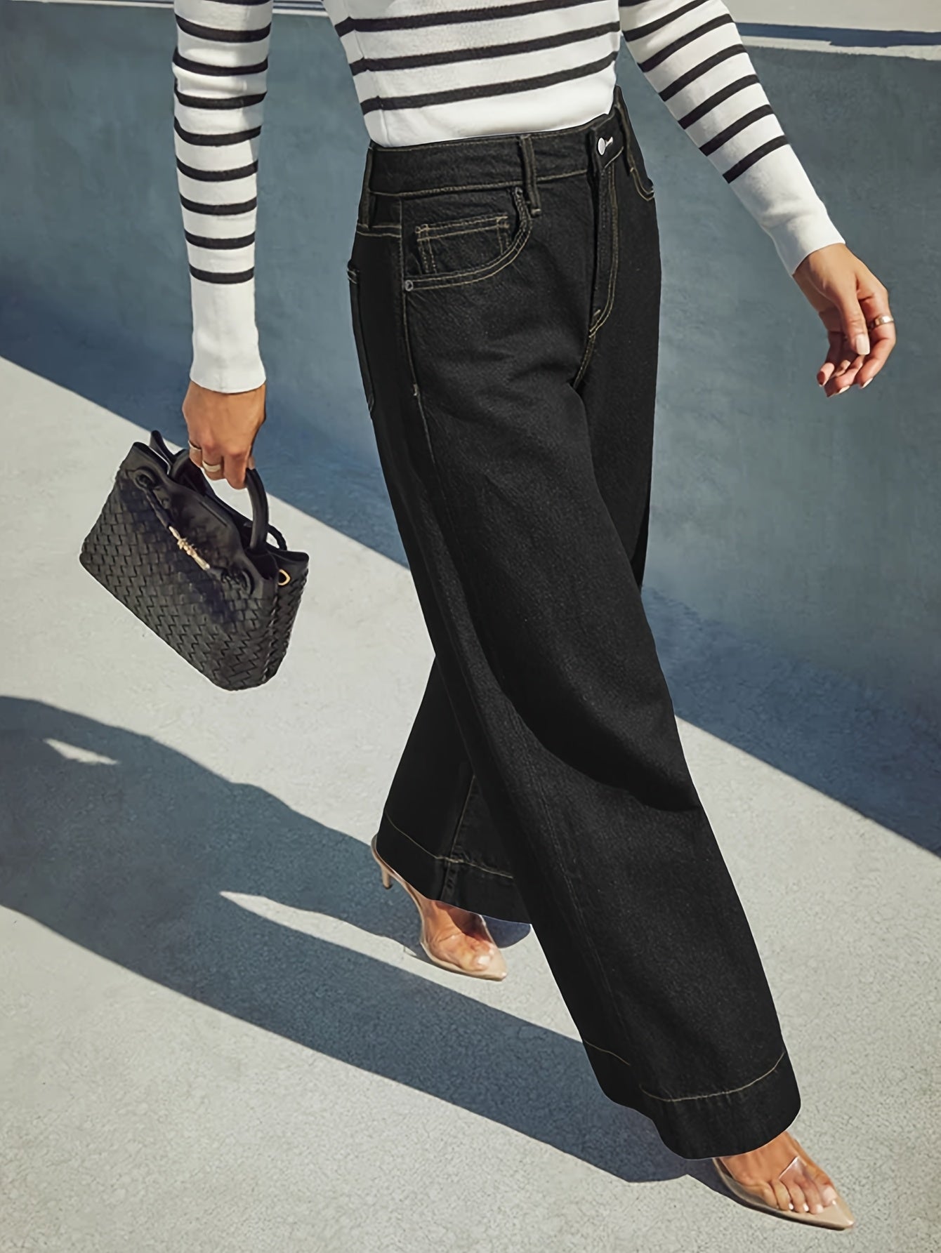 High-Waist Wide-Leg Stretch Denim Jeans with Cuffed Hem