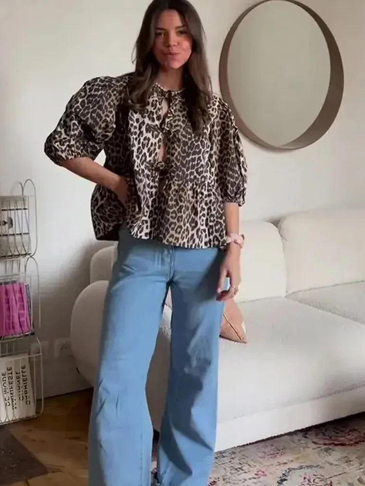 Leopard Print Puff Sleeve Top with Bow Accent