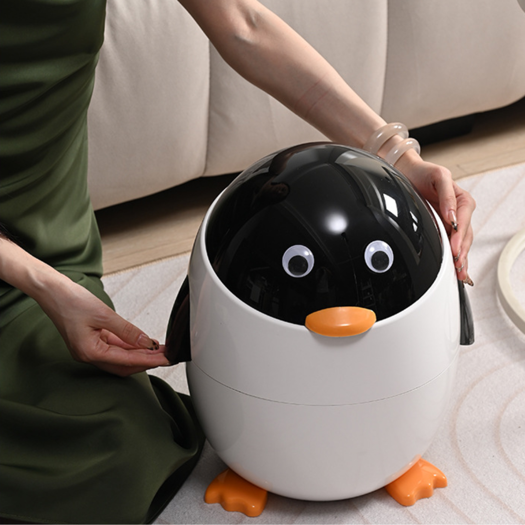 Cute Cartoon Penguin Trash Can with Flip Lid for Kids Room