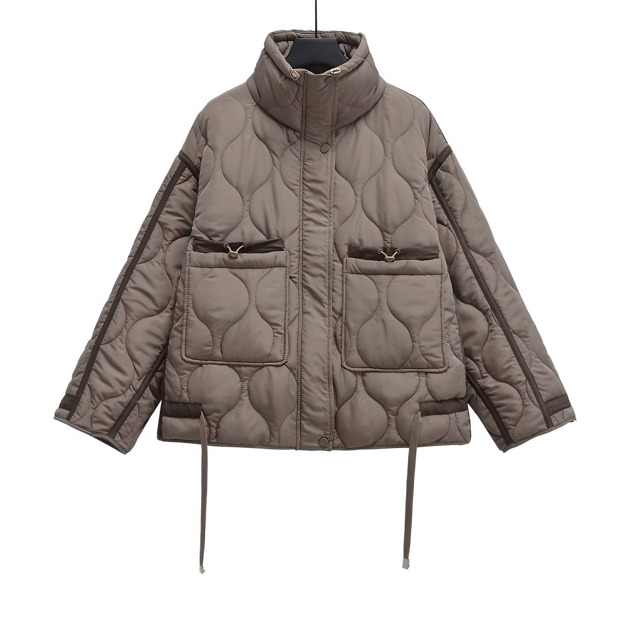 Women’s Cotton Hip-Length Jacket with Stand Collar and Drawstring