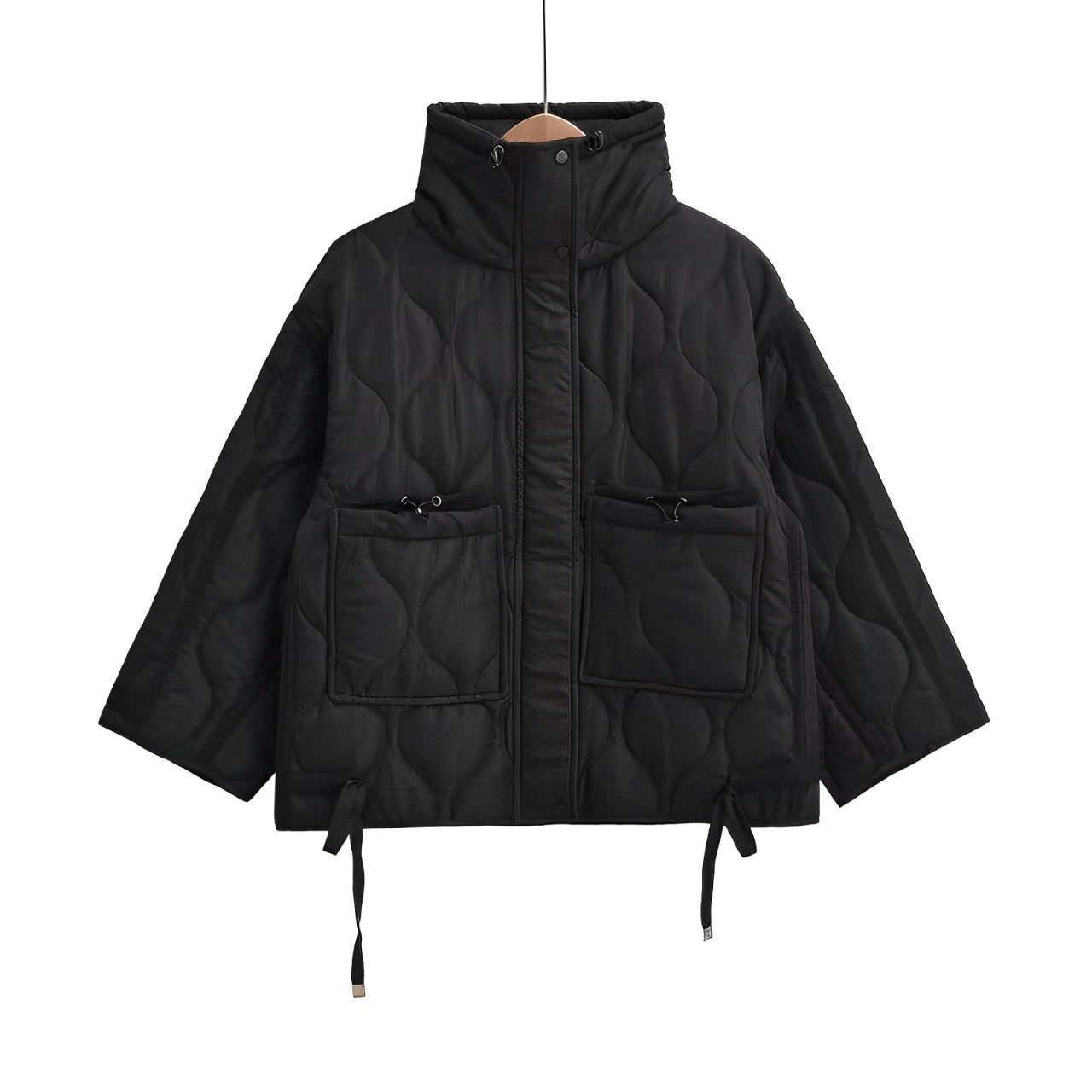 Women’s Cotton Hip-Length Jacket with Stand Collar and Drawstring