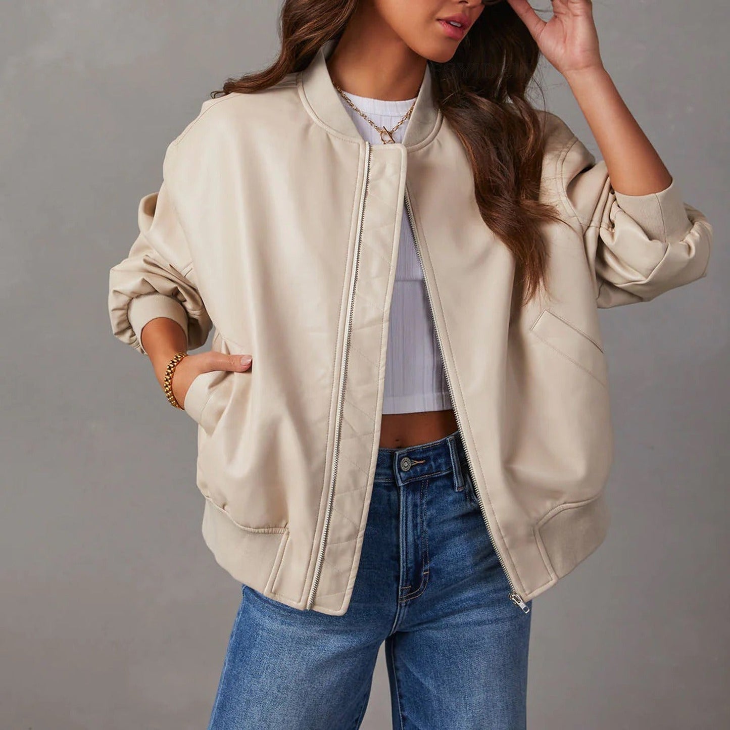 Classic Leather Zip Bomber Jacket for Women