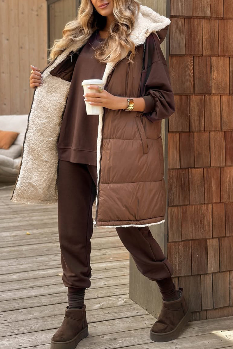 Reversible Plush Long Vest - Cozy Sherpa Hooded Gilet