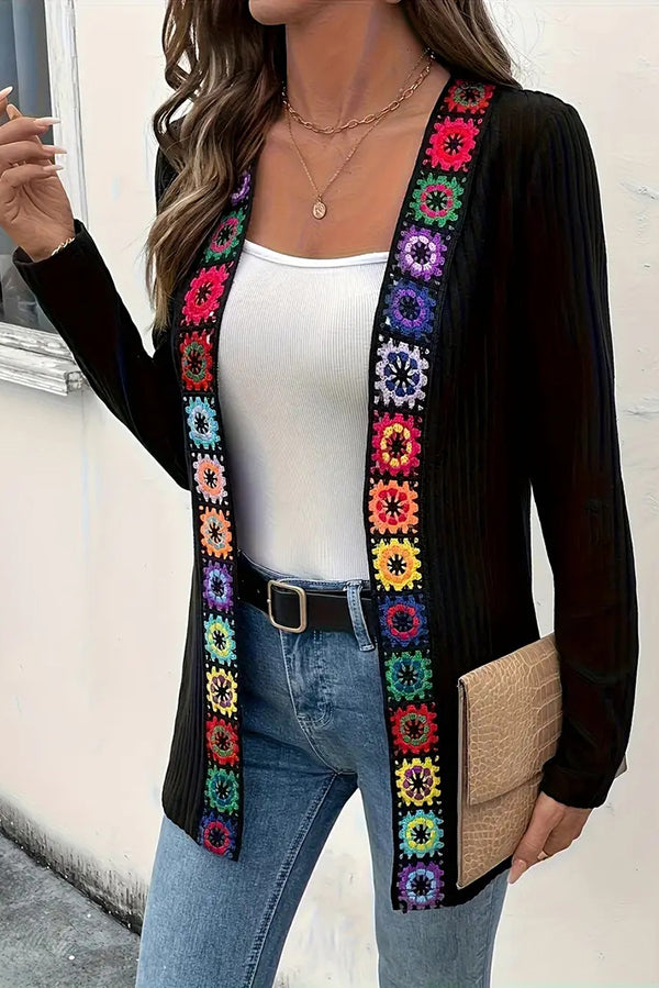 Boho Floral Edge Knit Long Sleeve Cardigan