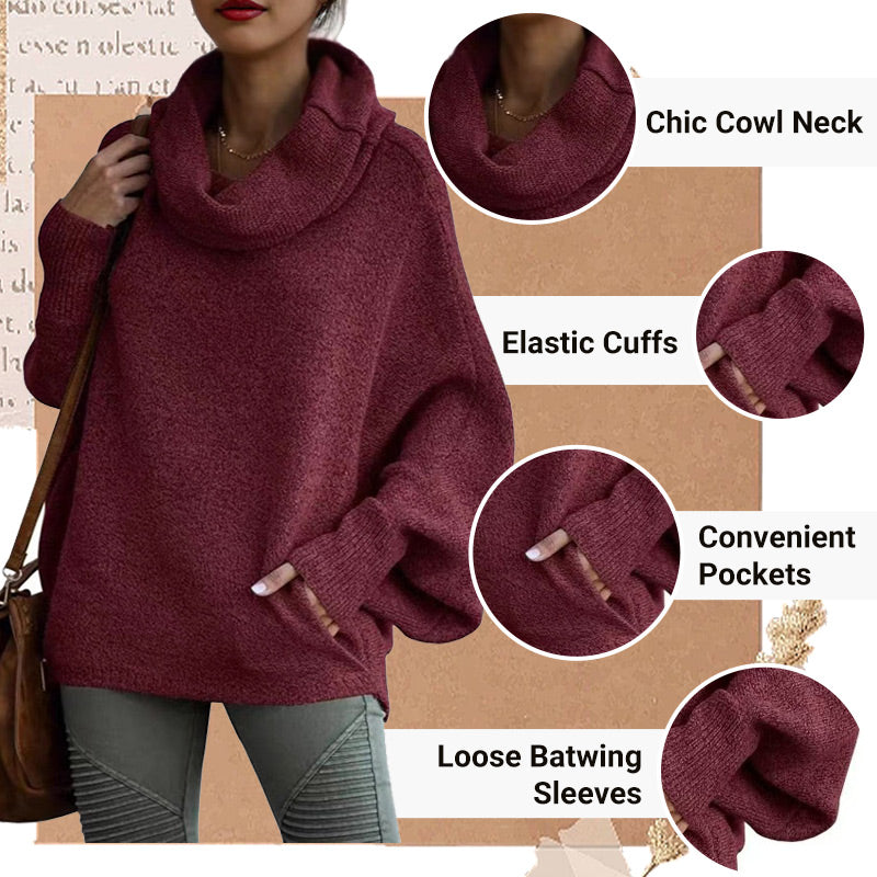 Cozy Batwing Cowl Neck Sweater with Pockets
