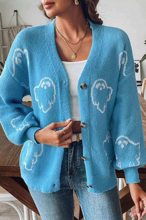 Cozy Halloween Ghost Knit Sweater Button-Down Top