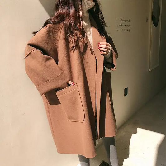 Oversized Wool Blend Coat with Pockets and Relaxed Fit