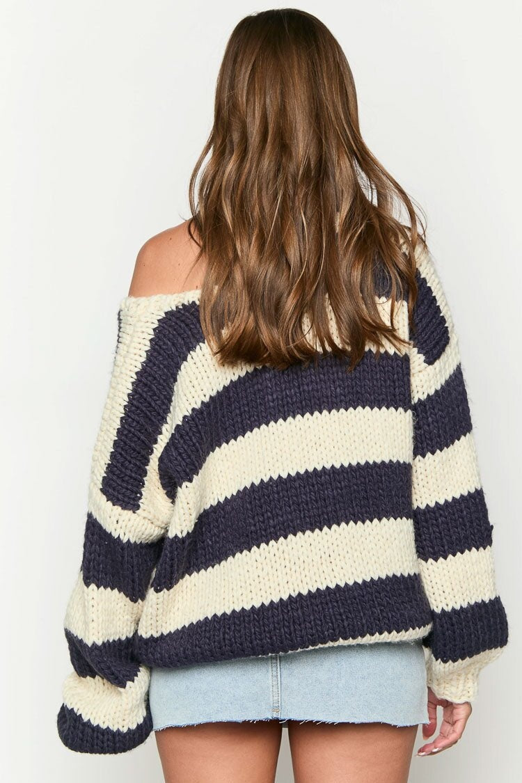 Cozy Off-Shoulder Striped Knit Sweater