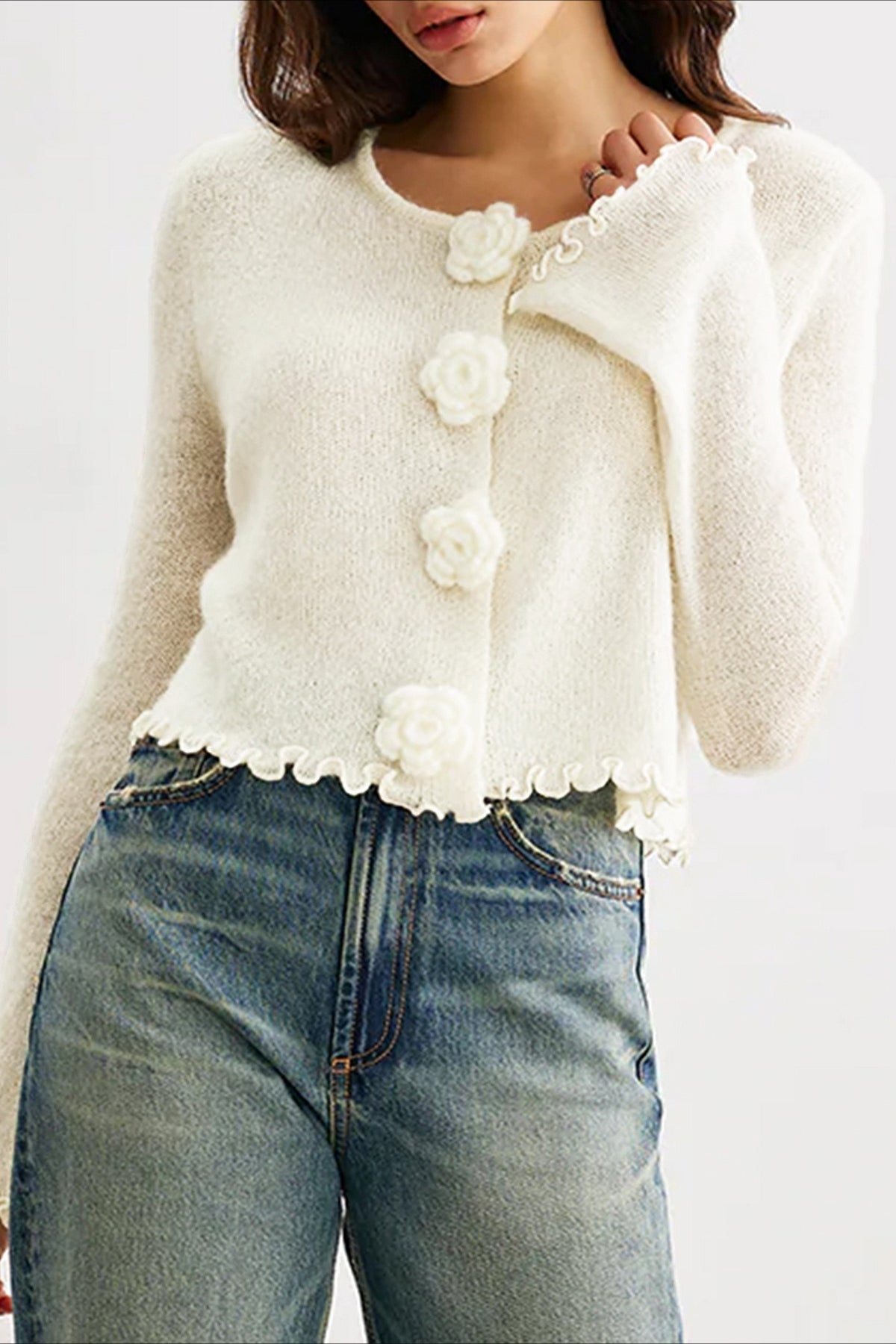 Slim Floral Ruffled Knit Cardigan