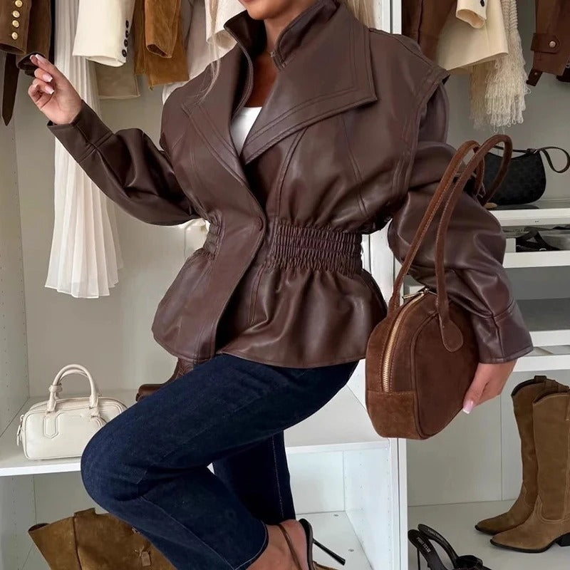 Chic Faux Leather Lapel Moto Jacket with Elastic Waist