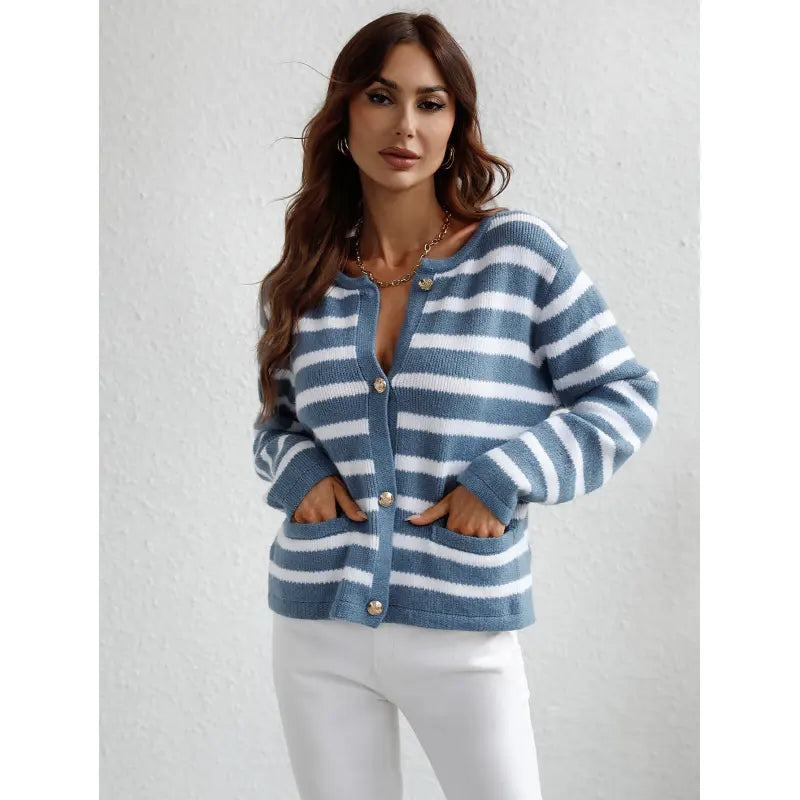 Cozy Knit Sweater with Button Closure and Side Pockets