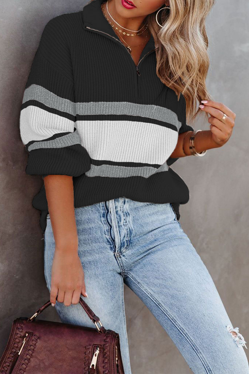 Cozy Casual Patchwork Zipper Collar Sweater