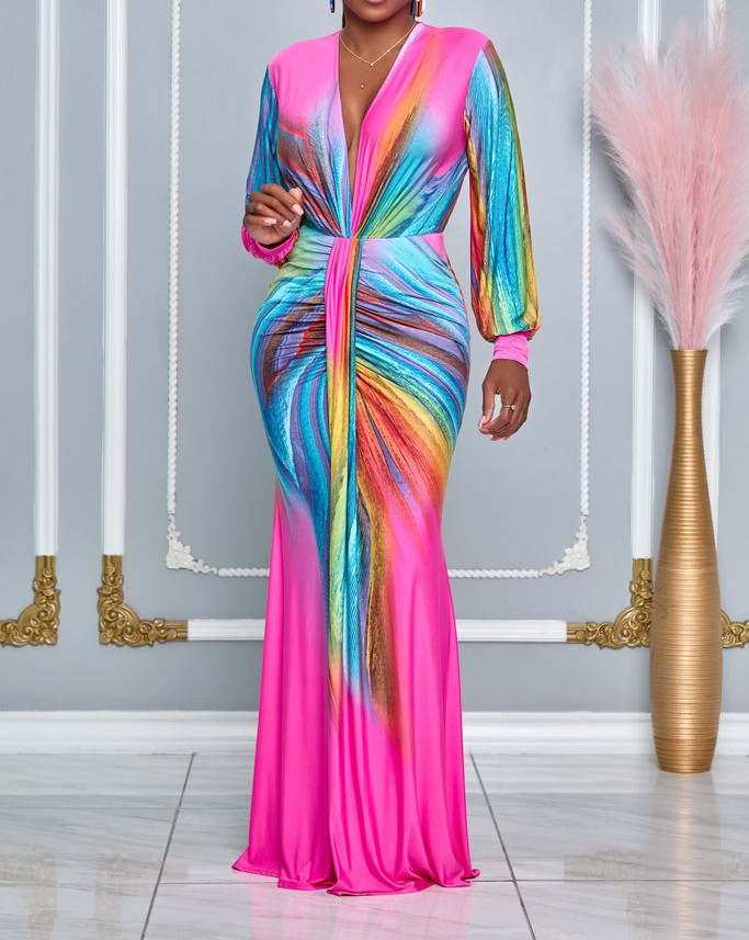 Tie-Dye Pleated V-Neck Maxi Dress