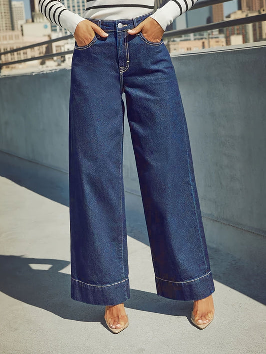 High-Waist Wide-Leg Stretch Denim Jeans with Cuffed Hem