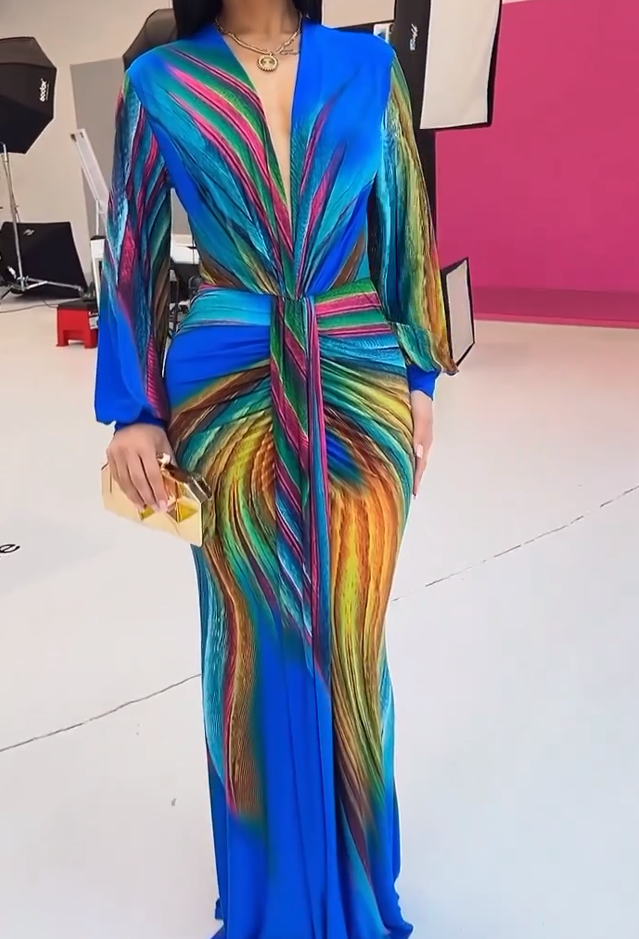Tie-Dye Pleated V-Neck Maxi Dress
