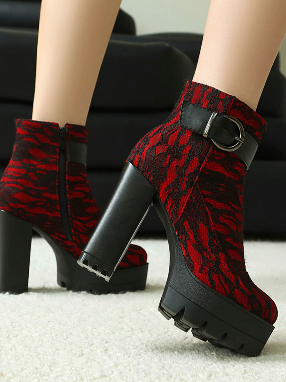 Vintage Lace Platform Ankle Boots with Chunky Heels