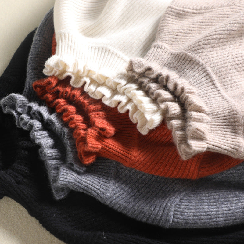 Cozy Turtleneck Knit Sweater with Feminine Ruffle Details