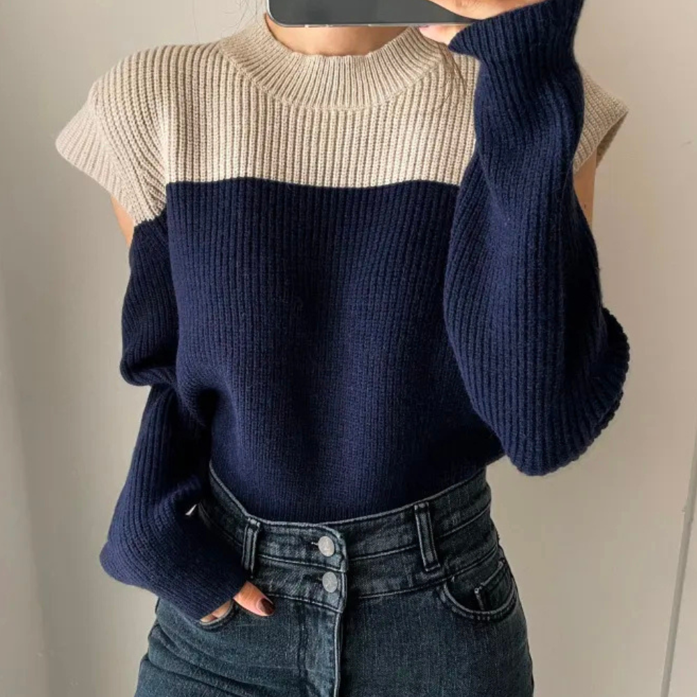 Two-Tone Knit Sweater with Cut-Out Sleeves