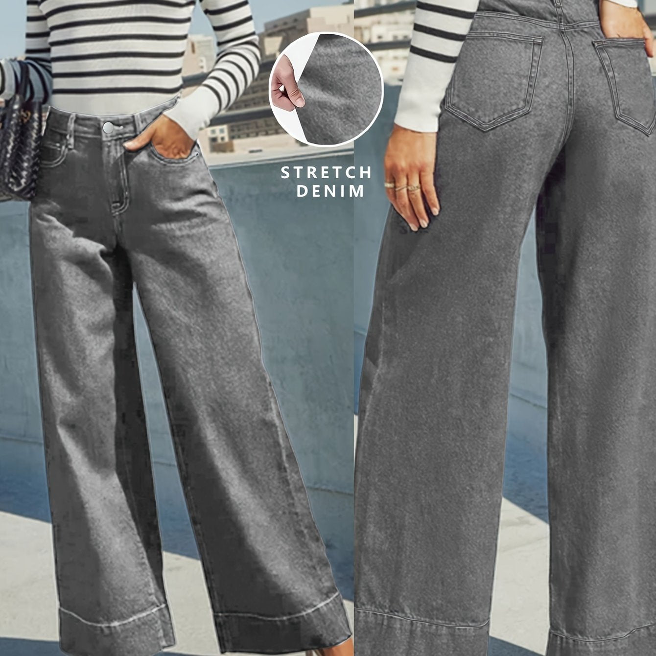 High-Waist Wide-Leg Stretch Denim Jeans with Cuffed Hem
