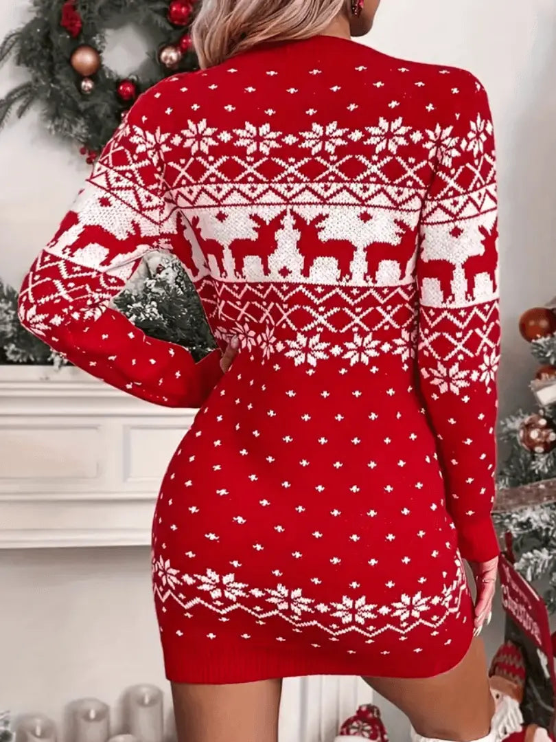 Festive Elk Pattern Christmas Dress with Long Sleeves