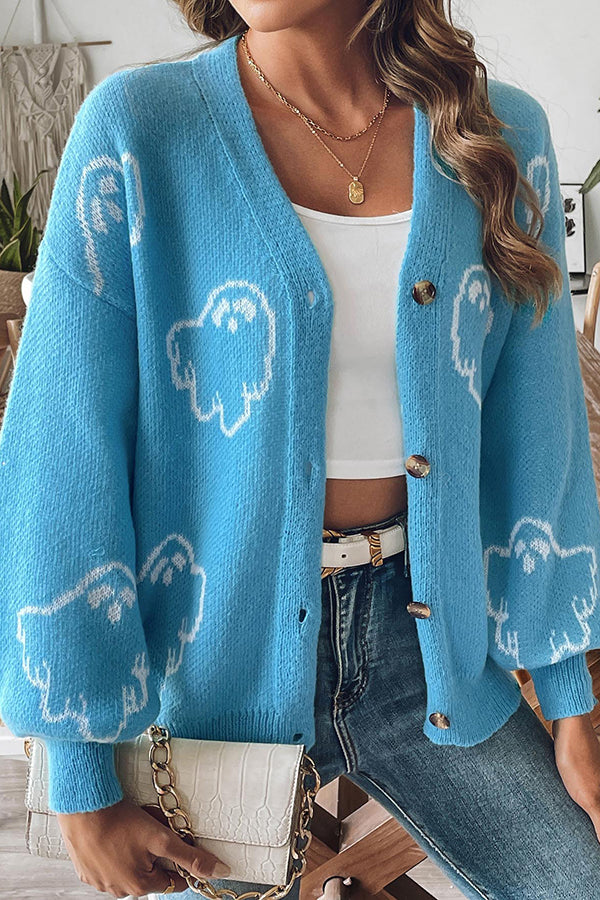Cozy Halloween Ghost Knit Button-Down Sweater
