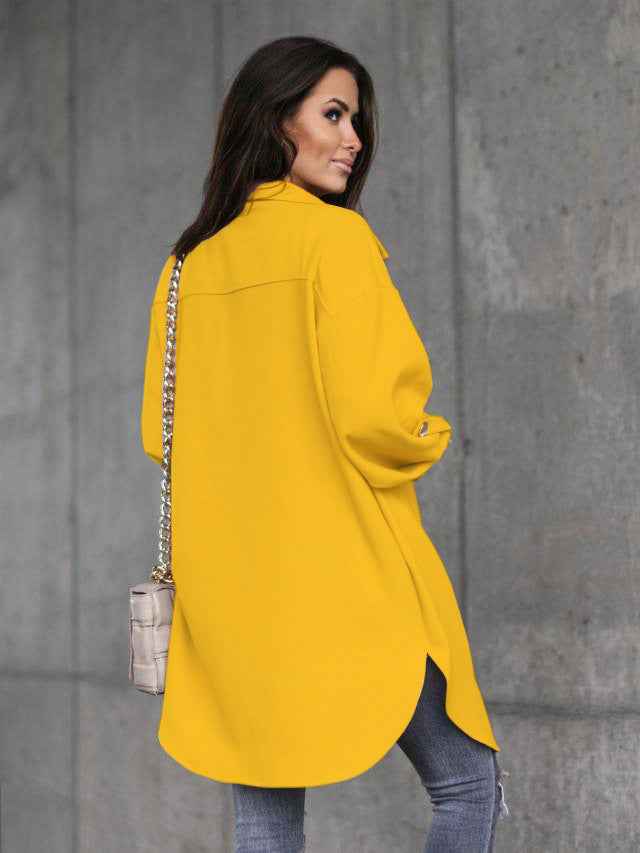 Cozy Long Buttoned Shirt Jacket with Wool Collar and Lapels