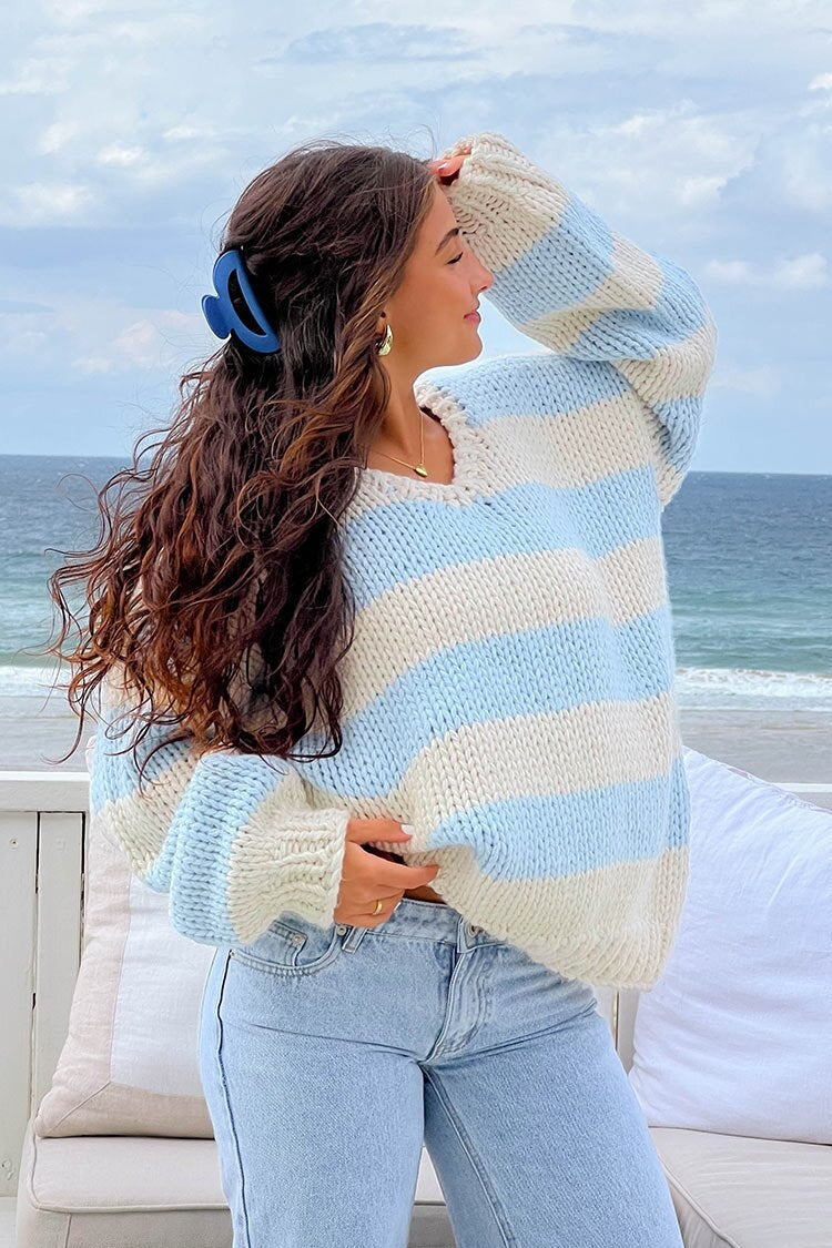 Cozy Off-Shoulder Striped Knit Sweater