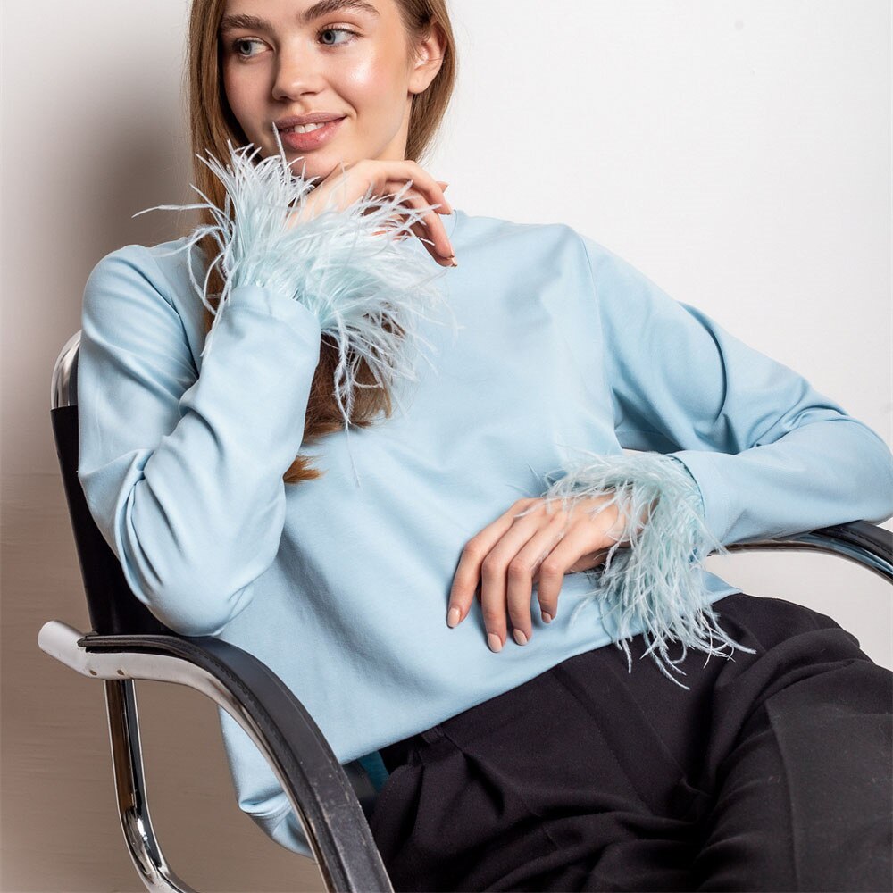 Elegant Feather-Trim Long Sleeve Shirt