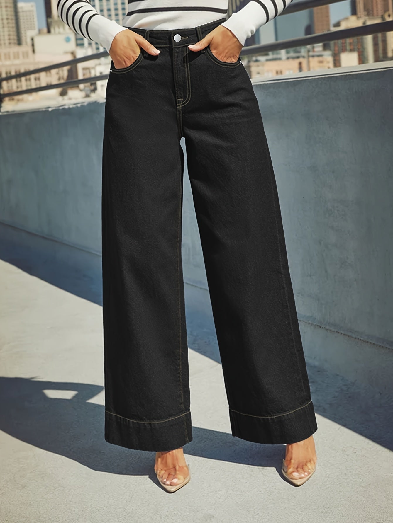 High-Waist Wide-Leg Stretch Denim Jeans with Cuffed Hem