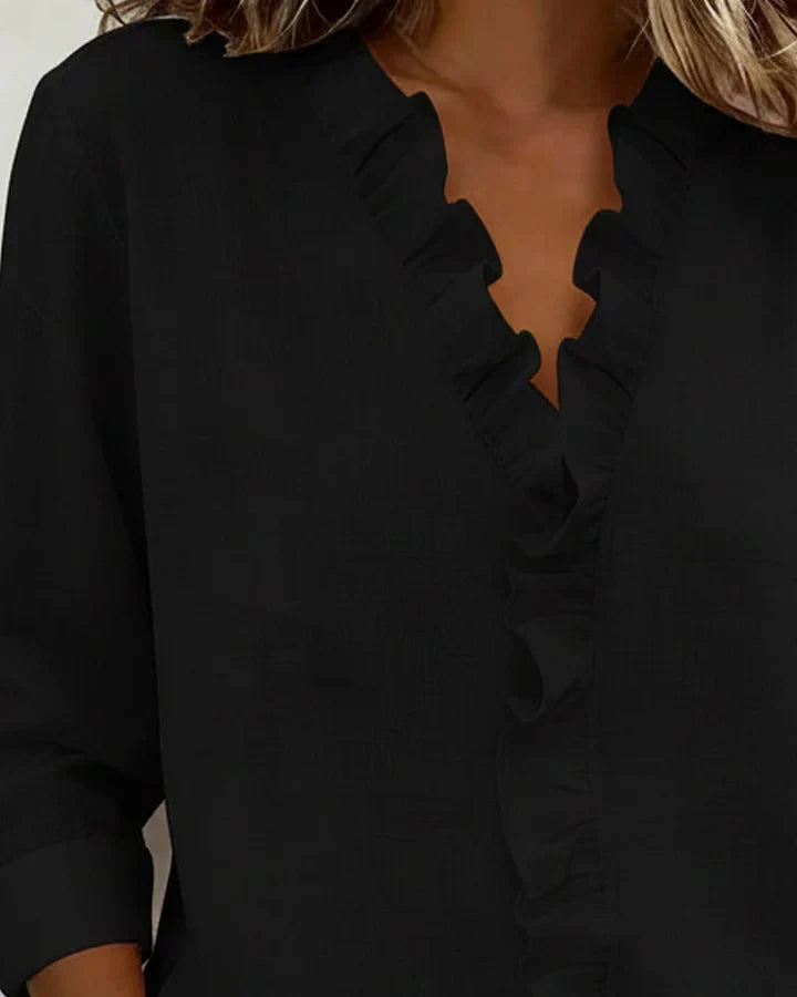 Ruffle V-Neck Blouse with Long Sleeves