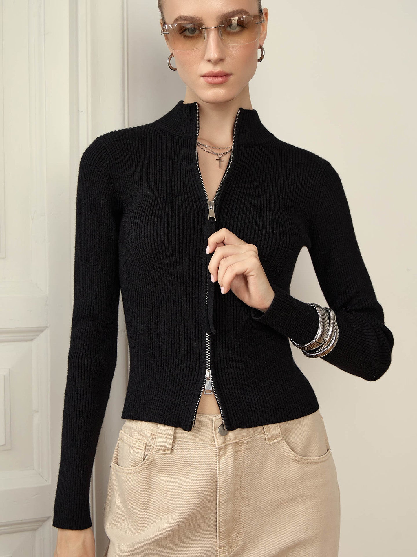 Cozy Ribbed Knit Sweater with High Zipper Detail